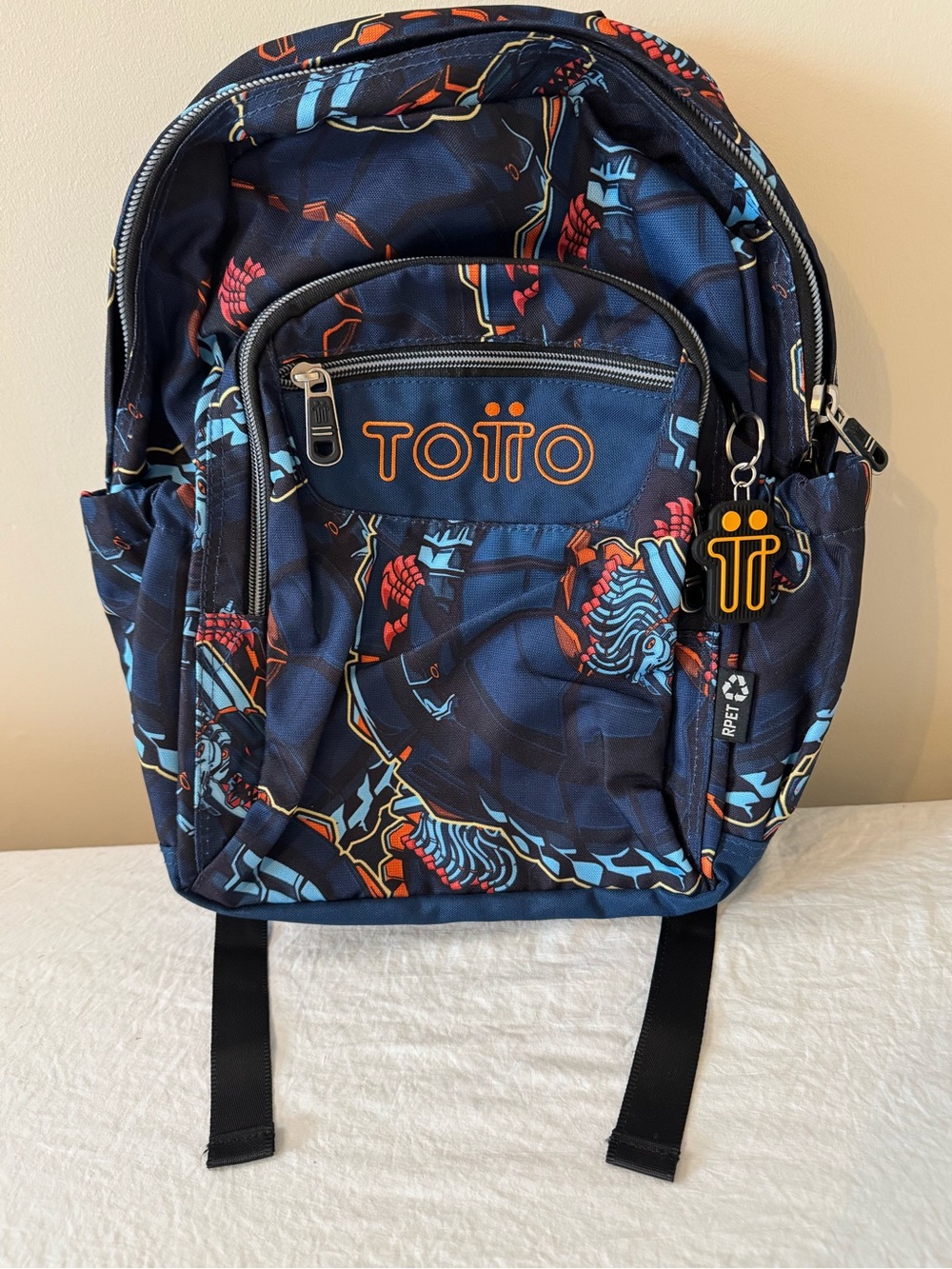 Totto RPET Recycled Polyester Graphic Print Backpack Navy Blue Orange MA04ECO018